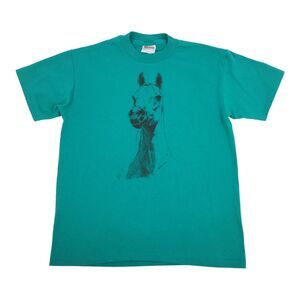 Vintage Single Horse Graphic Short Sleeve T-Shirt Size Medium Mens Teal Green M